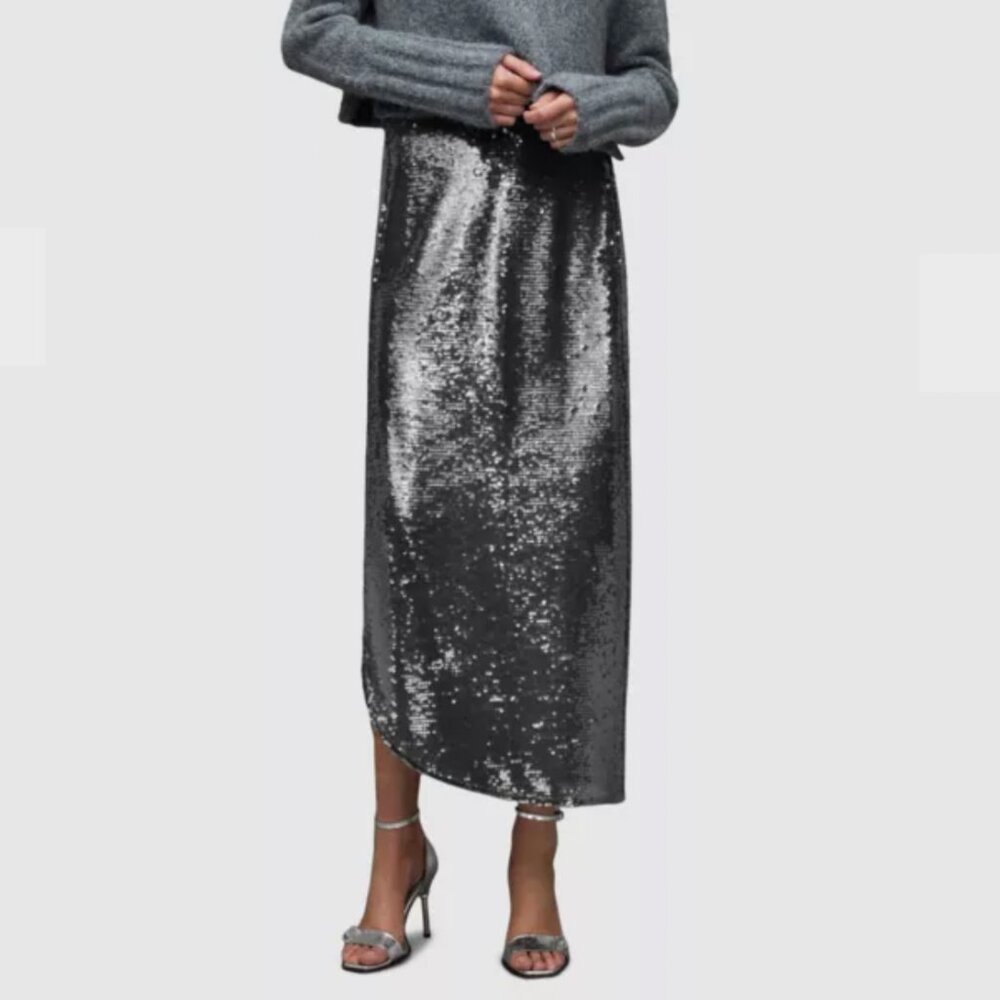 All Saints Metallic Charcoal Sequin Midi Skirt